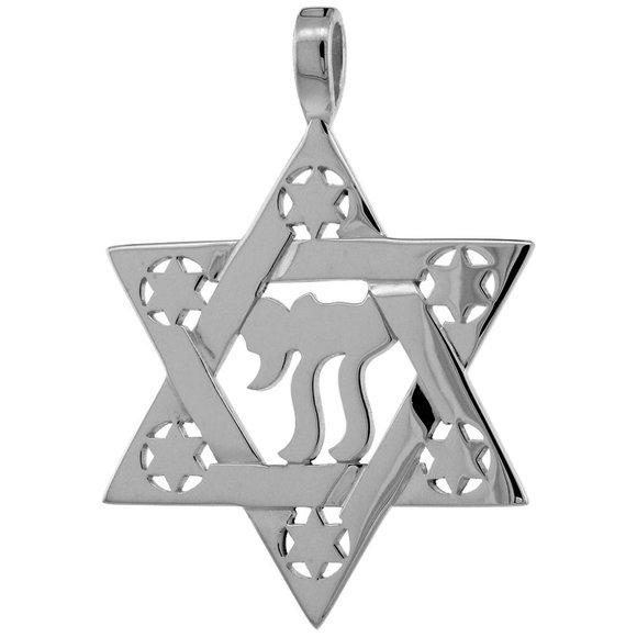 Large 1 1/8 inch Sterling Silver Jewish Star of David Pendant for Men with Chai